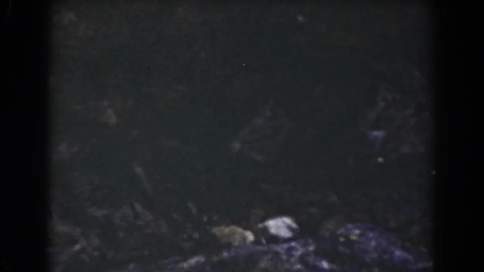 Mount Washington home-movie frame showing dark rock texture and scattered stones after the camera drops below the sign.