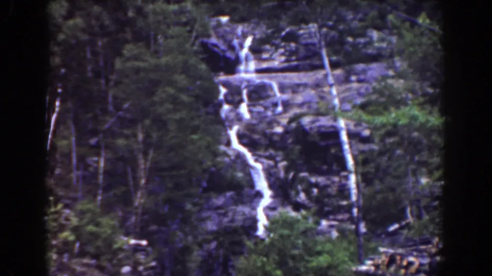 1939 8mm frame of a forested Mount Washington cascade with pale tree trunks and dark rock ledges.