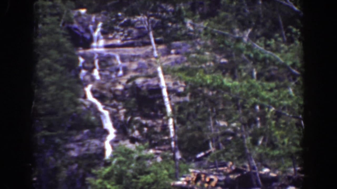 Silver Cascade fills the frame from a roadside visitor viewpoint, with forest and rocks softened by 8mm film grain.