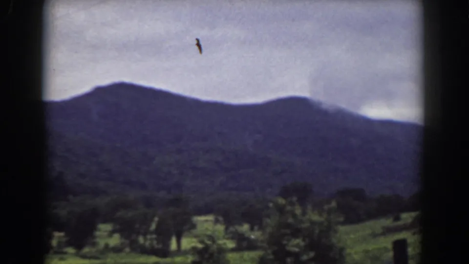 1939 Mount Washington-area landscape view showing a dark mountain silhouette, cloudy sky, green fields, and trees in the valley.