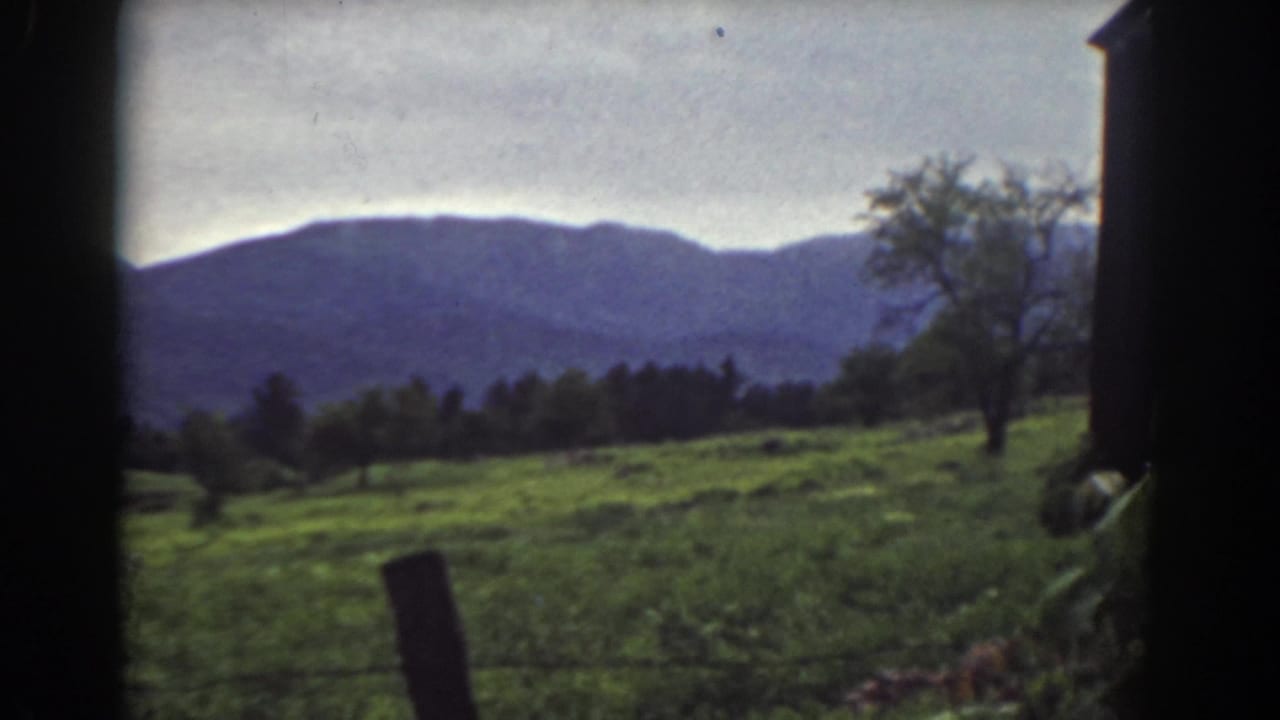 Pastureland with a leaning fence post, tree line, distant mountain ridge, and cloudy sky.