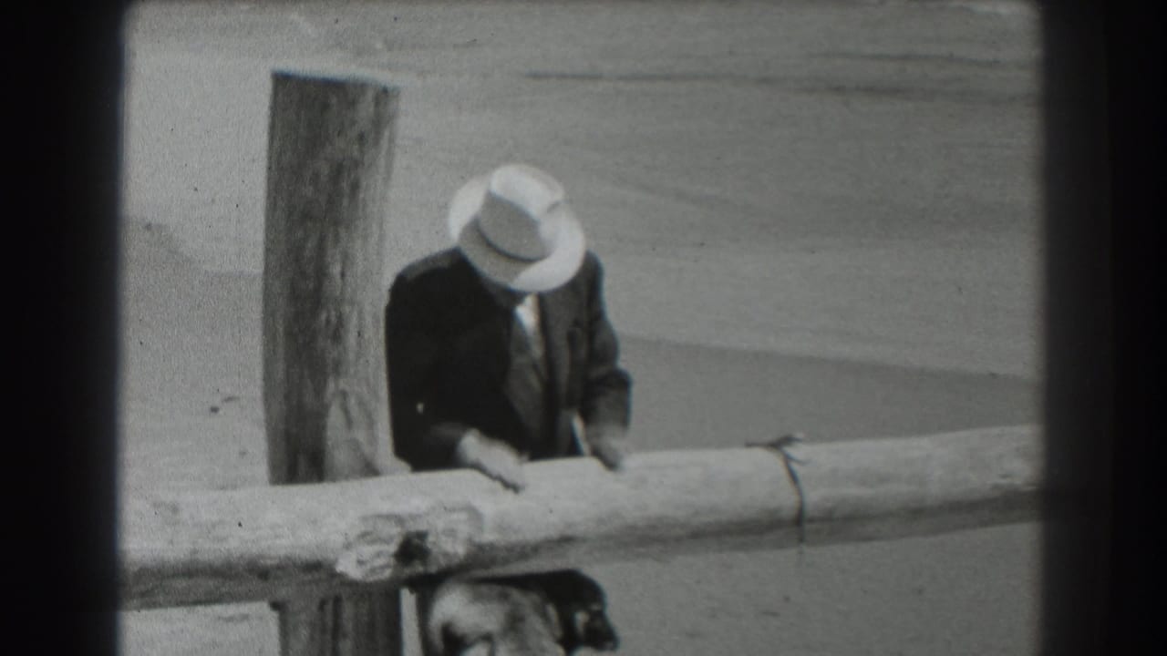 Man in a light fedora leans over a wooden fence with a dog below him.