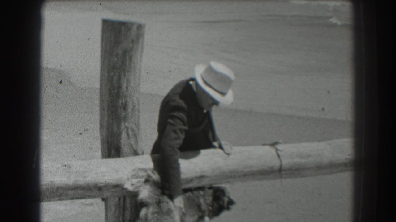 Man in fedora reaches down over a fence toward a dog beside him.
