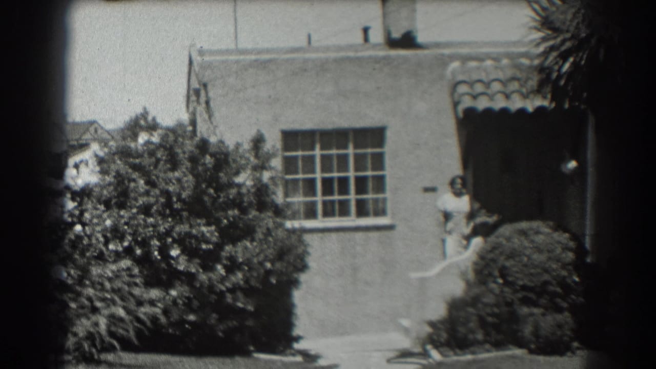 Stucco house front with a gridded window, bushes, and a woman standing near the door.