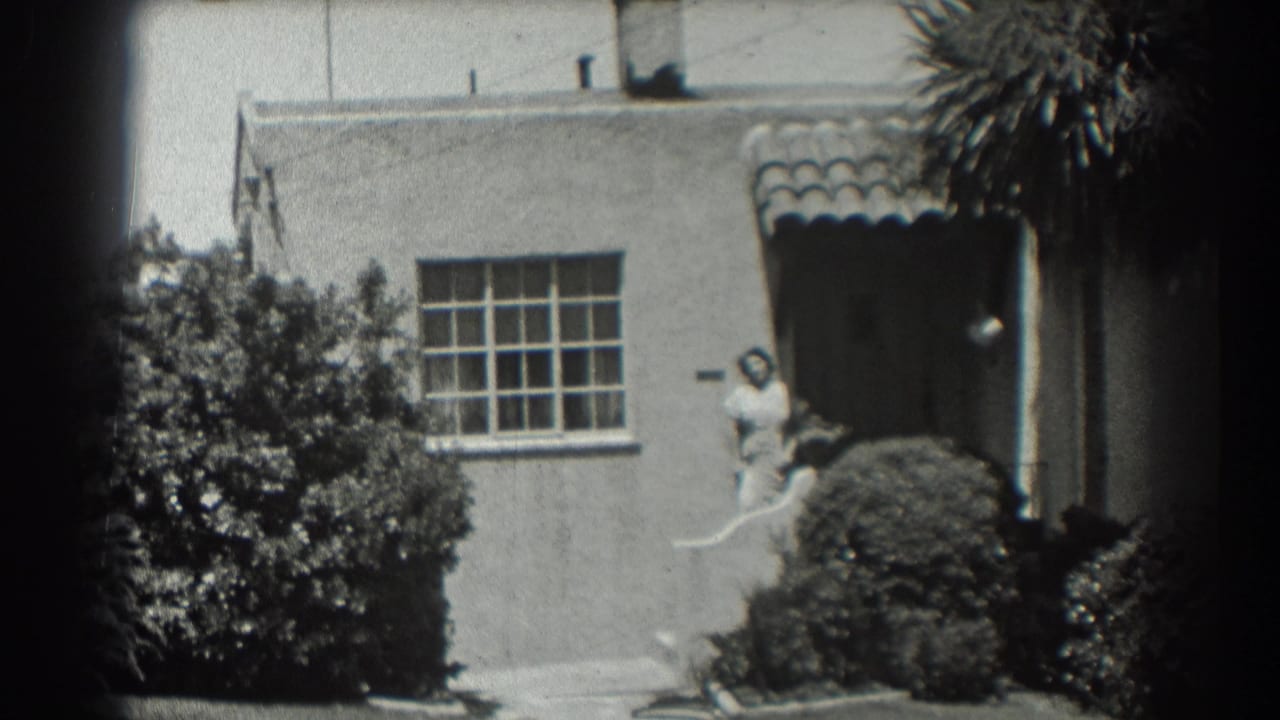 House entrance with tiled awning, palm fronds, shrubs, and a woman beside the doorway.
