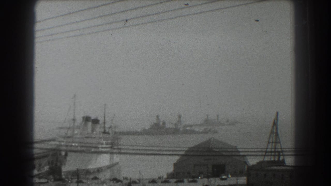 Distant harbor with large ships, dock buildings, overhead wires, and dark foreground edges.