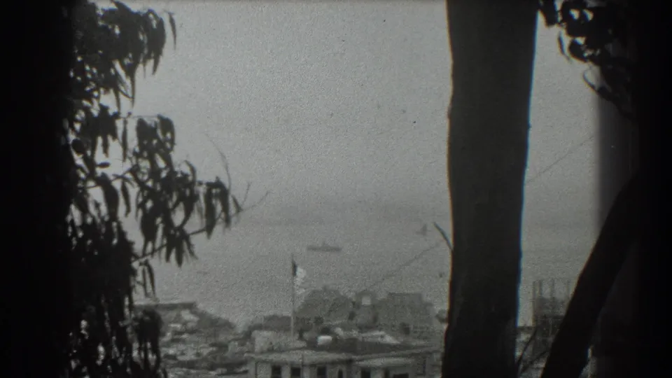 1939 San Francisco frame looking past tree trunks toward bay water, a waterfront flag, low buildings, and faint Bay Bridge structure.