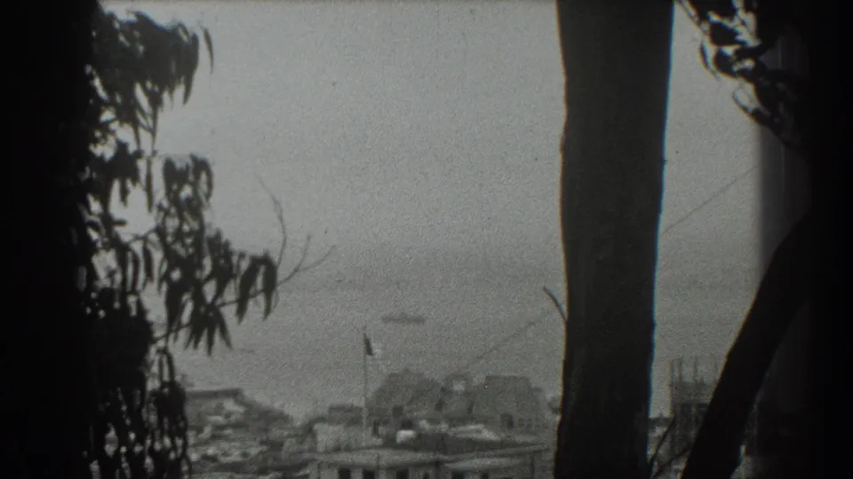 1939 San Francisco home-movie frame with wind-blown tree silhouettes, hazy water, low buildings, a small flag, and a distant ship.
