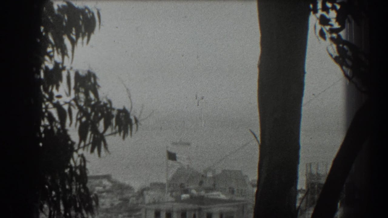 1939 San Francisco home-movie frame showing a bay and suspension bridge through dark foreground trees, with a rooftop flag at left.