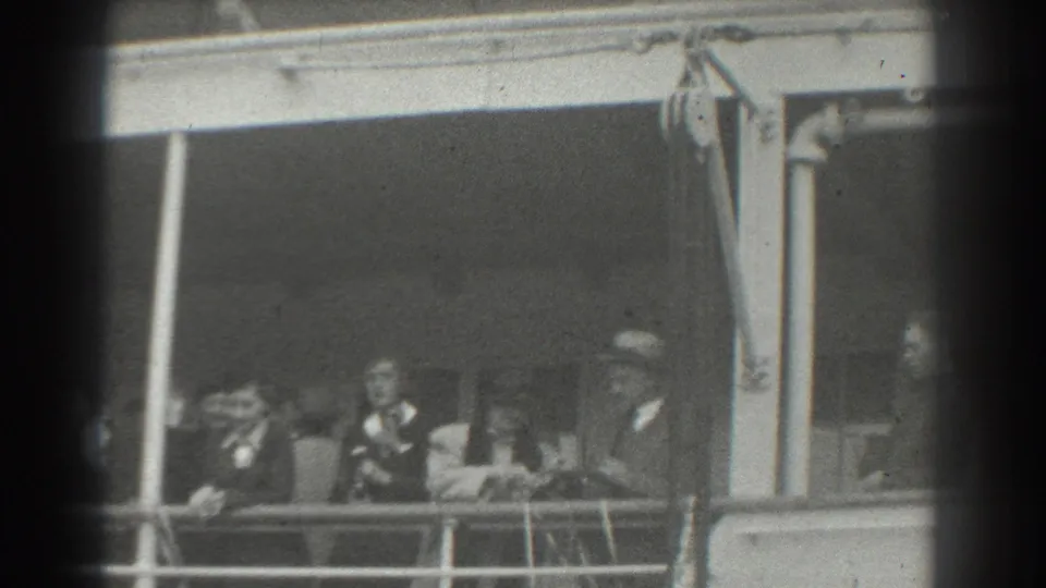 The final frame shows 1939 San Francisco ship-deck passengers in formal clothing, partly obscured by film-frame borders.