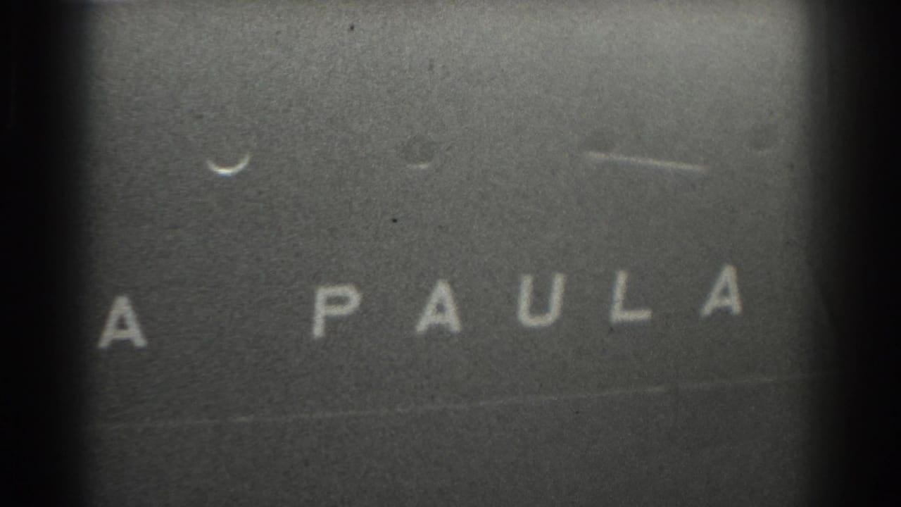 The word PAULA appears in white letters across a dark surface with scratches and soft focus.