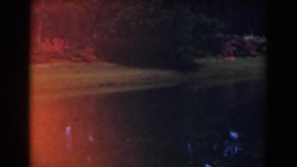 1941 Florida 8mm frame showing the pond and far lawn through a warm exposure flare and softened home-movie focus.