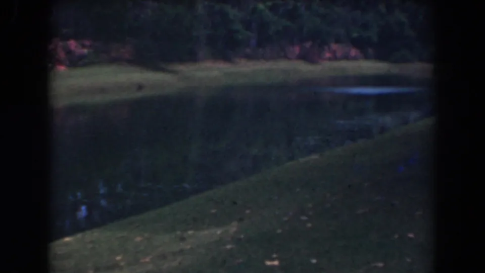 1941 Florida home-movie frame of a quiet pond with reflective water, sloped grass, and dense trees.