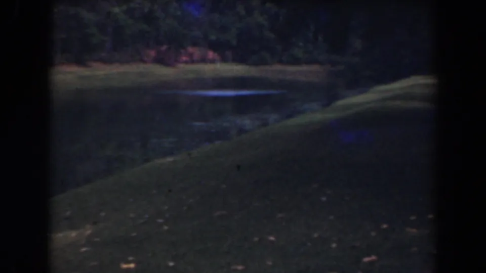 1941 Florida home-movie frame showing a shaded pond, sloping grass, tree reflections, and wooded background.