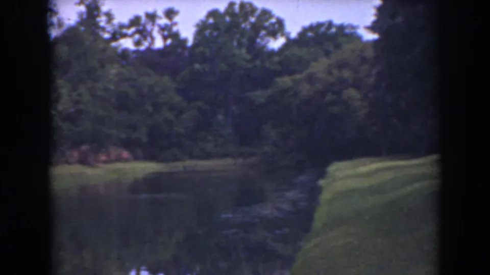 1941 Florida 8mm frame showing a calm waterway, trimmed grass bank, and trees under soft home-movie exposure.