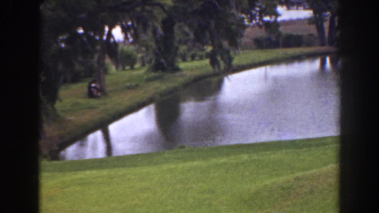 Golf-course pond with green grass, trees, dark vertical framing, and a small distant person at left.