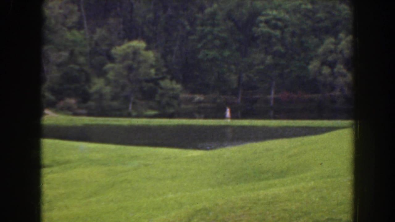 Distant person in white near a pond beyond a broad green lawn and trees.