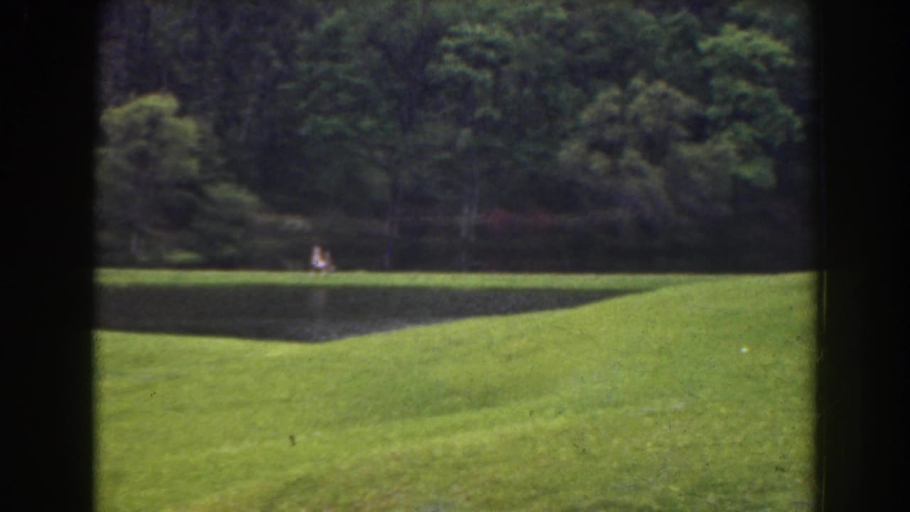 Distant white-clothed figure by dark water, framed by grass and trees.