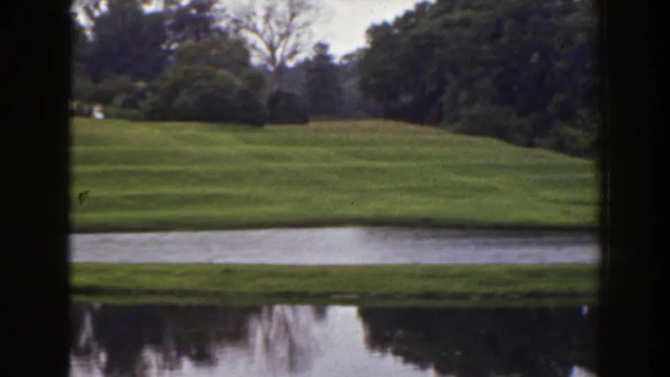 1941 Florida home-movie frame showing open striped lawn, a reflective water strip, shrubs, and dense trees as the pan reaches the right side.
