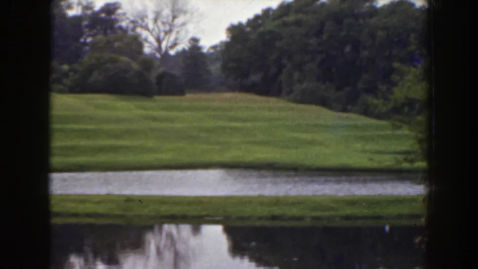 1941 Florida 8mm frame showing a green field, lake edge, and distant trees in soft home-movie color.