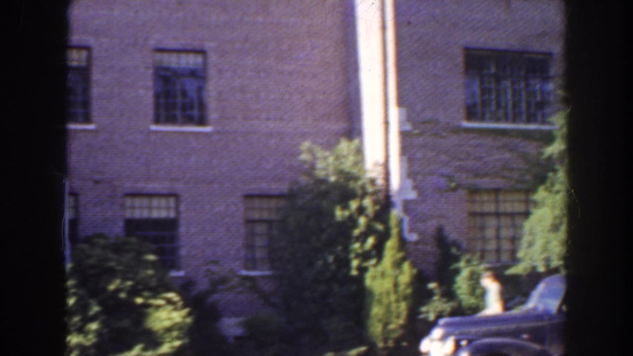Brick building wall with windows, shrubs, trees, and part of a parked dark car.