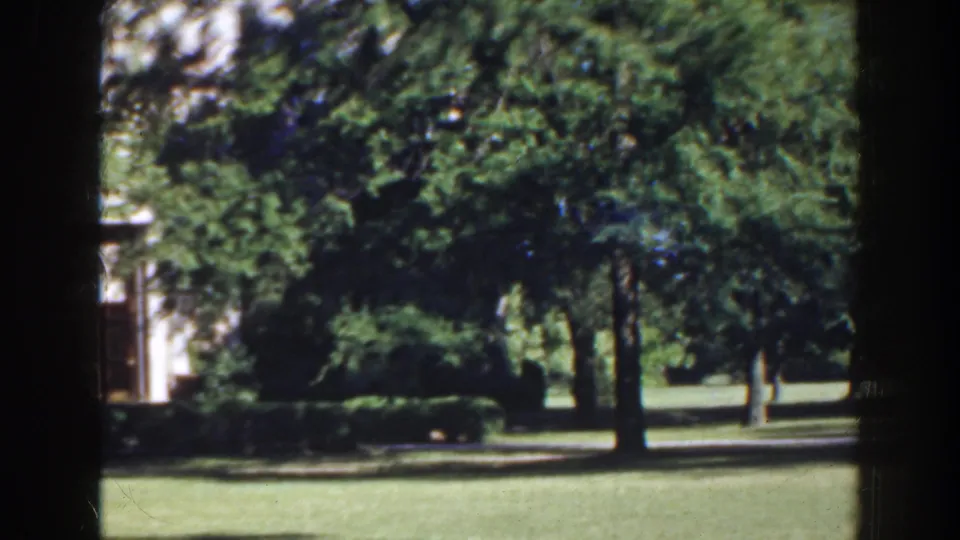 1941 Florida 8mm frame emphasizing trees, lawn, and hedges, with part of a white stone building at the left edge.