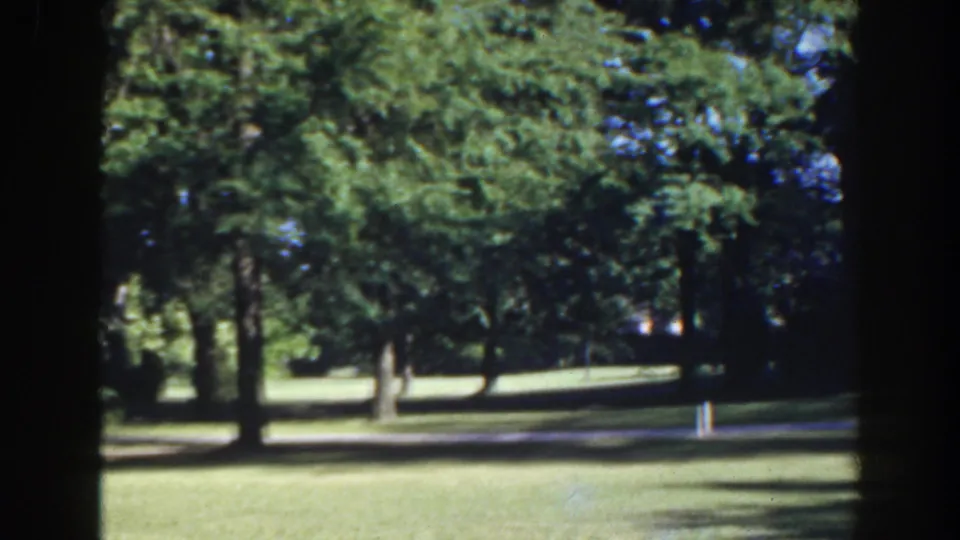 1941 Florida park view with mature trees, green lawn, a shaded path, and small white posts seen through soft 8mm color.