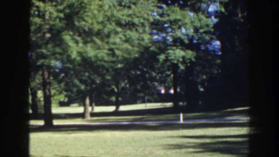 Vintage 8mm frame of a Florida park lawn, tree trunks, heavy foliage, and a pale background path under dappled light.