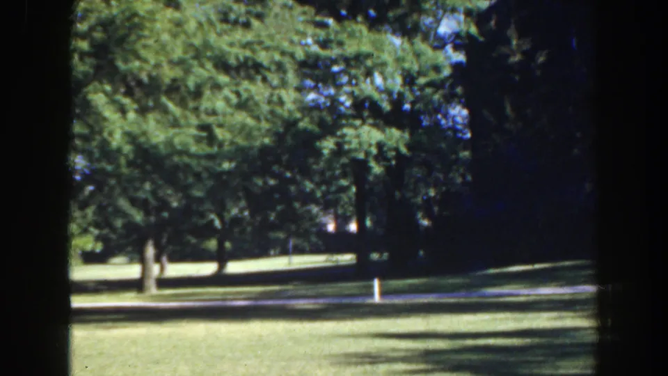 1941 Florida home-movie view of a sunlit park with trees, lawn, a distant path, and a small white post near the right side.