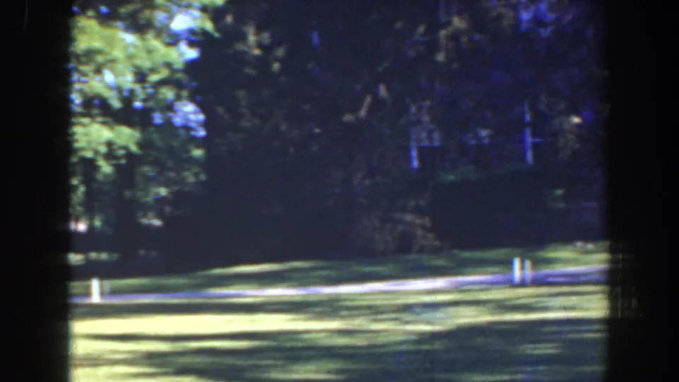 1941 Florida park frame showing grass, tree shadows, a pale path, and two small white marker posts near the right edge.