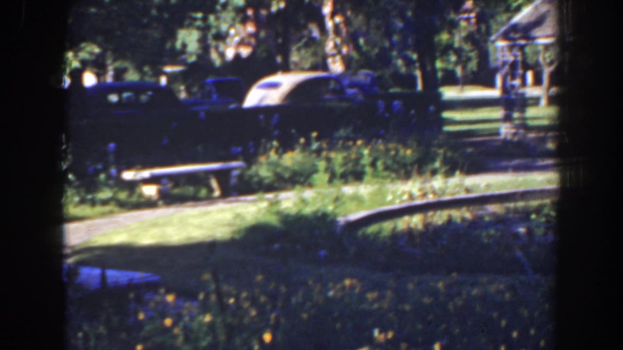 Parked cars and a gazebo appear beyond a curved path in a sunny park.