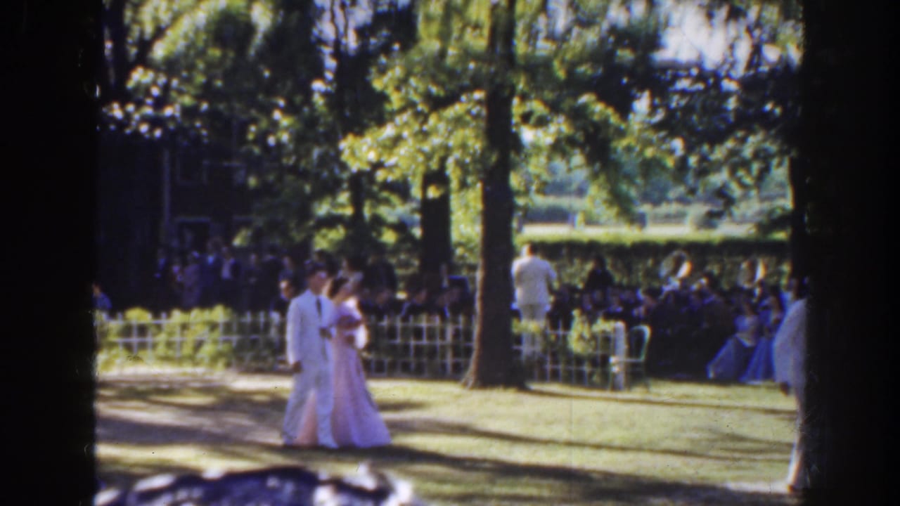 Wedding couple in formal attire walking on a lawn beside seated guests and trees.