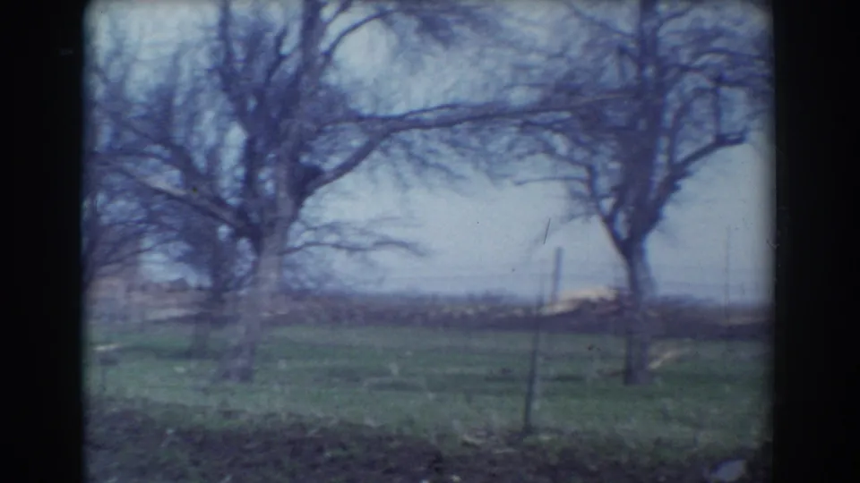 1958 rural Nebraska frame centered on leafless trees, green grass, fence posts, and open land beyond.