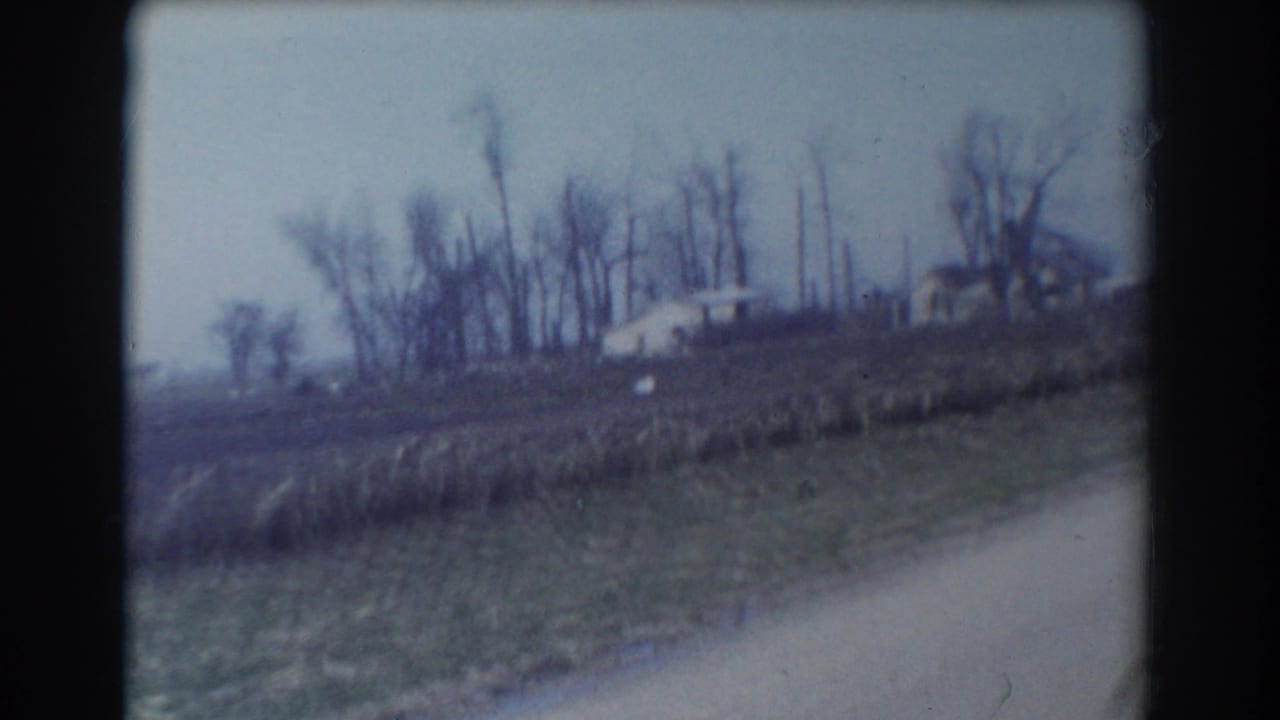 Distant houses beyond an open field beside a pale dirt road under an overcast sky.