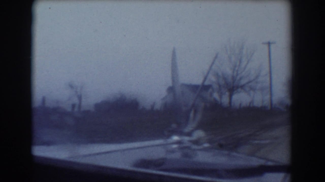 Car hood ornament in the foreground with a house, bare tree, and utility pole beyond the road.