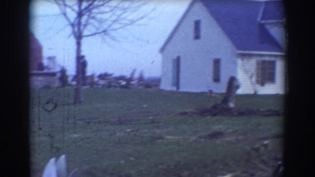 White house with dark roof, grassy yard, bare tree, stump, and distant figures near debris.