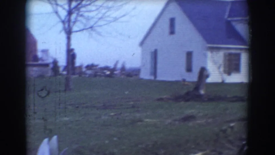 1958 York, Nebraska frame with a white house, dark roof, bare tree, stump, grassy yard, and small distant figures in the background.