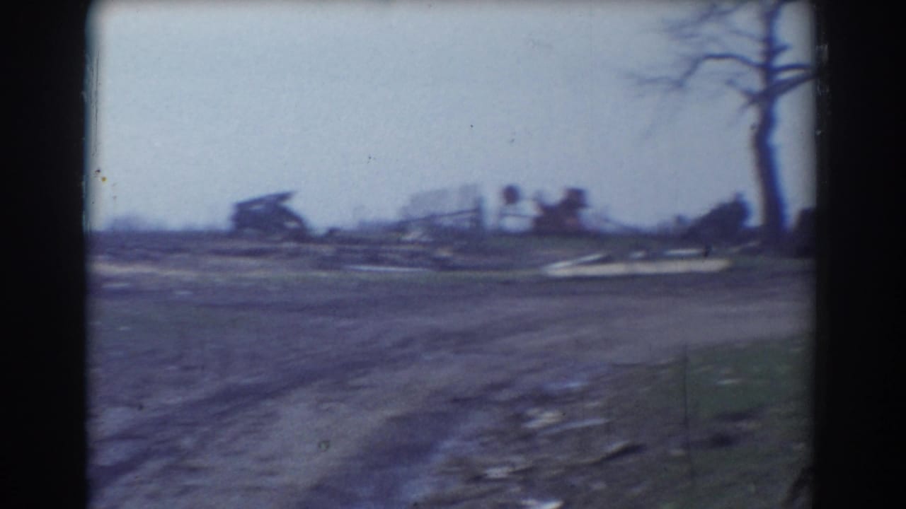 Rural roadside with debris, bare trees, and a damaged low structure in the distance.