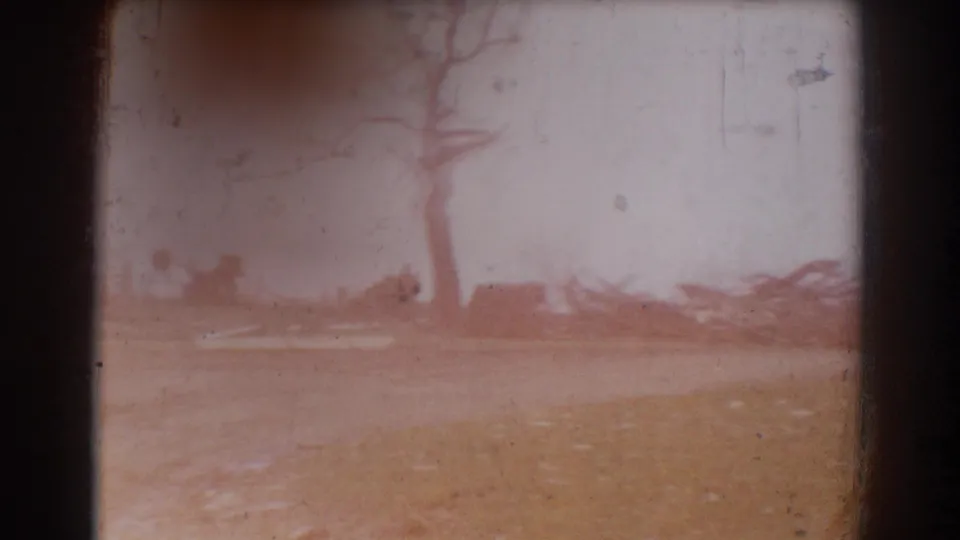 Warm, overexposed 8mm frame from York, Nebraska, showing a leafless tree, open grass, and low scattered debris in the distance.