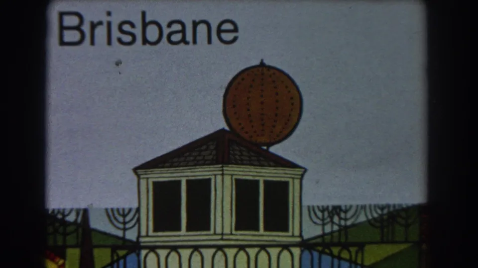 1967 Brisbane travel title card showing the word Brisbane above a stylized pavilion, dome, trees, and green landscape.