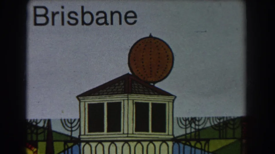 Final 1967 Brisbane title-card frame with stylized building, circular dome, dark border, and a small film mark near the lower right.
