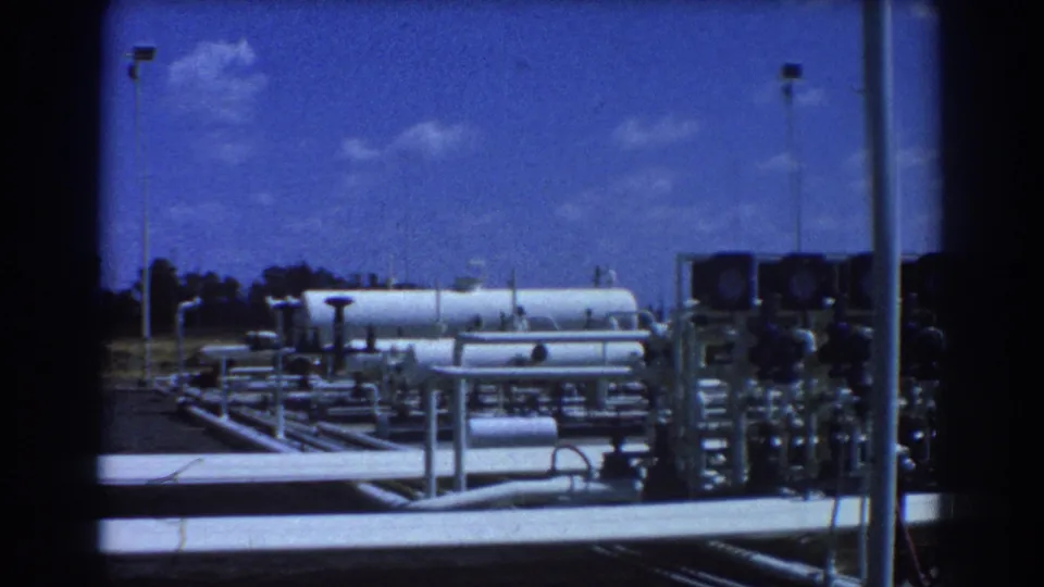 Home-movie frame of a small Brisbane oil yard with tanks, dense piping, valves, and a light pole in strong daylight.