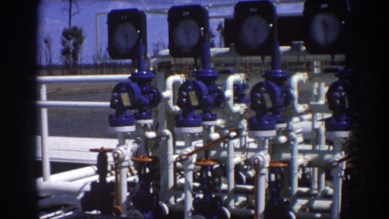 Industrial pipes with blue valves and round gauges beside a paved yard.