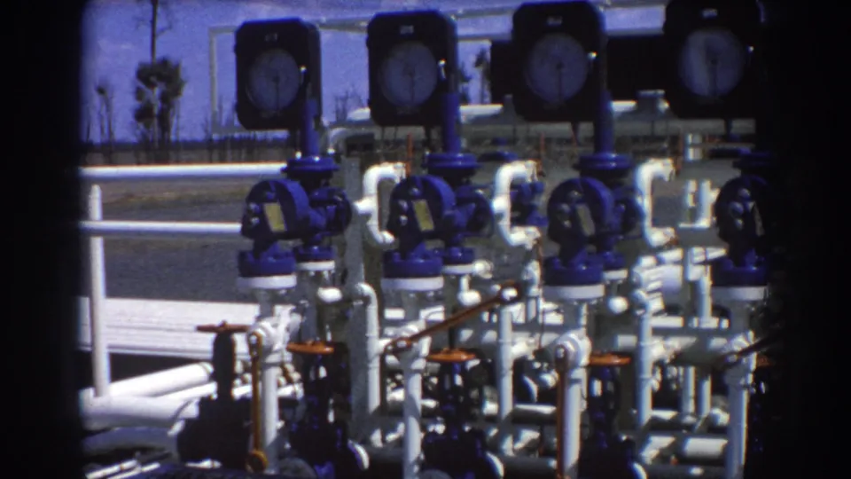 1967 Brisbane 8mm frame showing white industrial pipework, blue valve assemblies, and analog gauges under bright outdoor light.