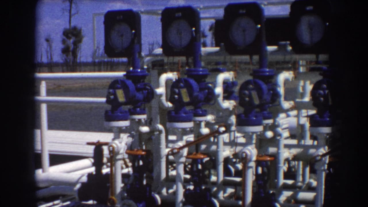 1967 Brisbane home-movie frame with repeated blue valve units, white pipes, and large analog gauges at an industrial site.