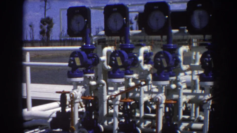1967 Brisbane home-movie frame with repeated blue valve units, white pipes, and large analog gauges at an industrial site.