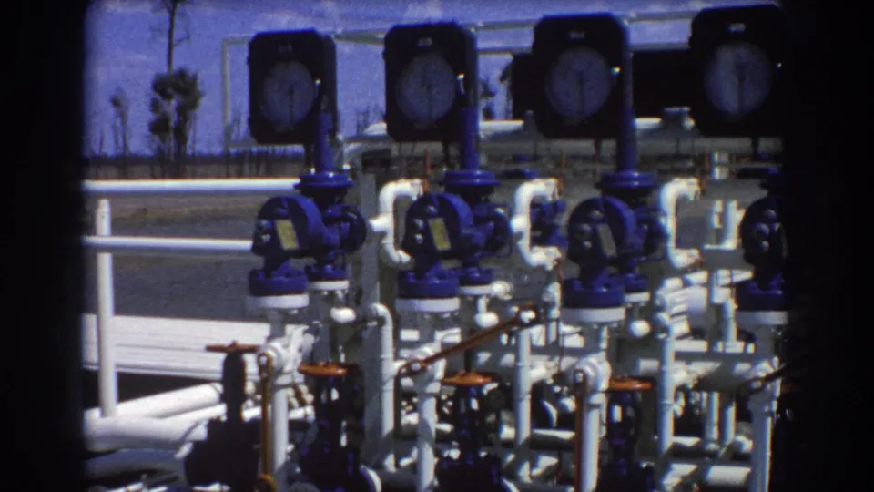 1967 Brisbane 8mm frame focused on white pipe runs, blue valve housings, pressure gauges, and railings in a sunlit industrial yard.