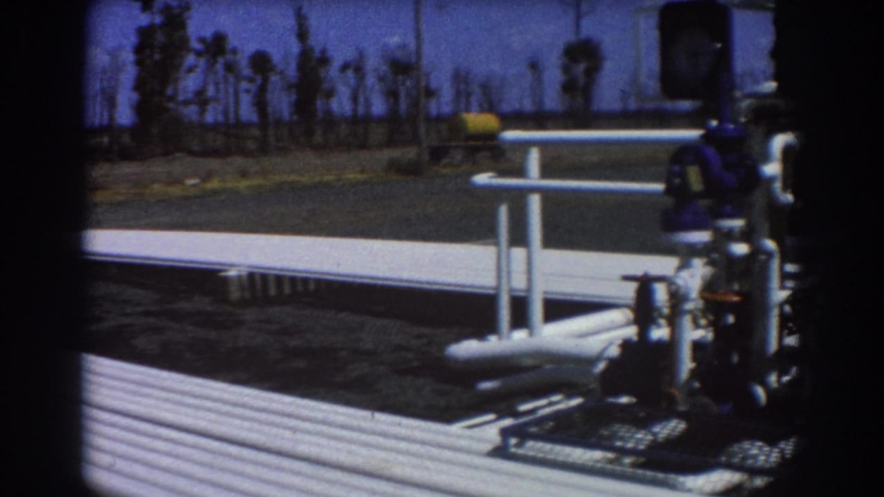 White pipework and valves beside a paved area with palm trees in the background.
