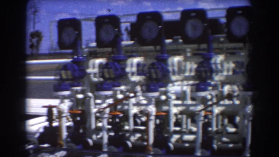 1967 Brisbane 8mm frame with a dense exterior pipeline network, blue valve wheels, and round pressure gauges in strong sunlight.