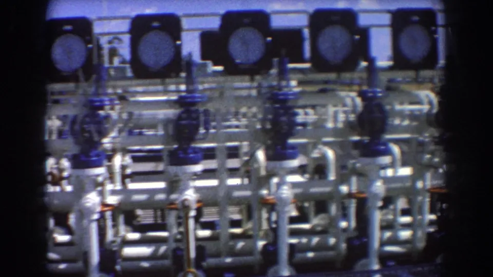 Close 1967 Brisbane 8mm view of white industrial pipes, blue valve controls, and analog gauges, framed tightly by the camera.